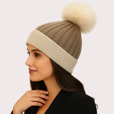 Fashnzfab Two Tone Real Fur Pom Knit Winter Beanie Hat In Brown