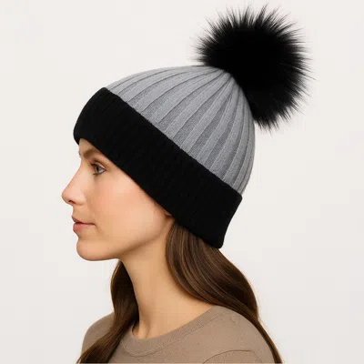 Fashnzfab Two Tone Real Fur Pom Knit Winter Beanie Hat In Gray