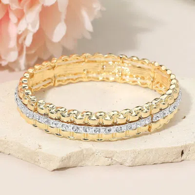 Fashnzfab Two Tone Rhinestone Pave Center Textured Bar Beaded Stretch Bracelet In Silver