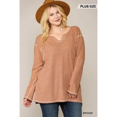Fashnzfab Two-tone Ribbed Tunic Top With Side Slits In Gold