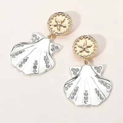 Fashnzfab Two Tone Sand Dollar Pointed Stone Paved Sea Shell Dangle Earrings - Gold, Silver