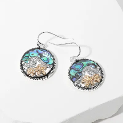 Fashnzfab Two Tone Starfish Abalone Stone Paved Wave Round Dangle Earrings In Multi