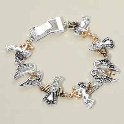 Fashnzfab Two Tone Stone Paved Angel Wing Link Magnetic Bracelet - Clear, Two Tone In Metallic