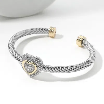 Fashnzfab Two Tone Stone Paved Heart Cluster Pointed Twisted Metal Cuff Bracelet Two Tone In Multi
