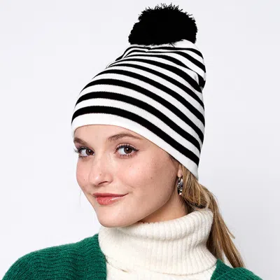 Fashnzfab Two Tone Striped Pom Pom Beanie Hat In Black