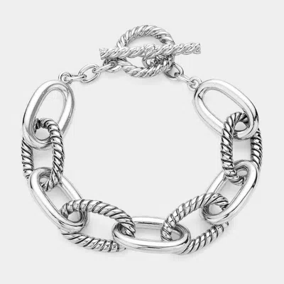 Fashnzfab Two Tone Textured Metal Cable Link Toggle Bracelet Rhodium In Metallic