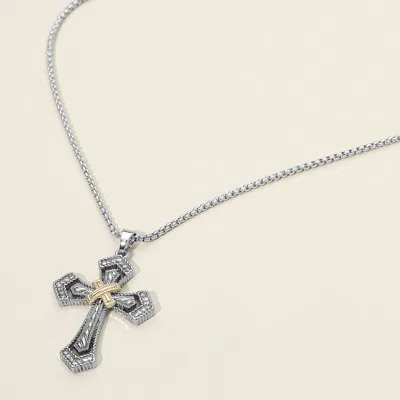 Fashnzfab Two Tone Textured Metal Cross Pendant Necklace - Two Tone In Multi