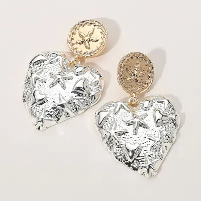 Fashnzfab Two Tone Textured Metal Sand Dollar Pointed Starfish Embossed Heart Dangle Earrings In Multi