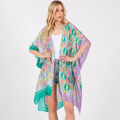 Fashnzfab Two Tone Trim Abstract Print Silky Feel Kimono Poncho In Green