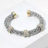 Fashnzfab Two Tone Triple Cz Stone Paved Ring Accented Textured Cuff Bracelet Two Tone In Multi