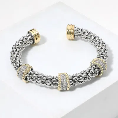 Fashnzfab Two Tone Triple Cz Stone Paved Ring Accented Textured Cuff Bracelet Two Tone In Multi