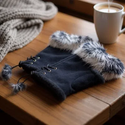 Fashnzfab Two Toned Real Fur Trim Fingerless Gloves In Blue