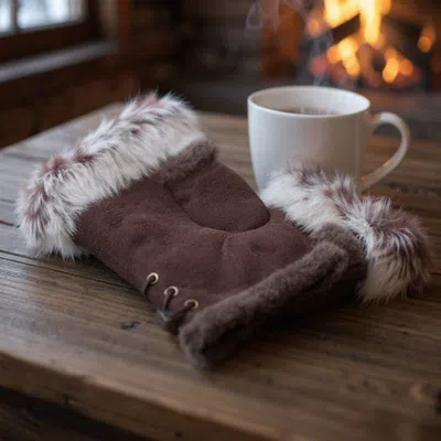 Fashnzfab Two Toned Real Fur Trim Fingerless Gloves In Brown