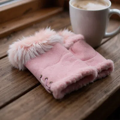 Fashnzfab Two Toned Real Fur Trim Fingerless Gloves In Pink
