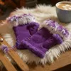 Fashnzfab Two Toned Real Fur Trim Fingerless Gloves In Multi