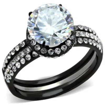 Fashnzfab Two-tone Ip Black (ion Plating) Stainless Steel Ring With Aaa Grade Cz In Clear