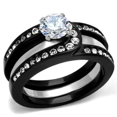 Fashnzfab Two-tone Ip Black (ion Plating) Stainless Steel Ring With Aaa Grade Cz In Clear