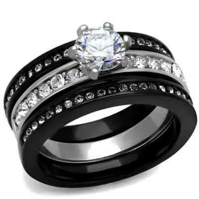 Fashnzfab Two-tone Ip Black (ion Plating) Stainless Steel Ring With Aaa Grade Cz In Clear