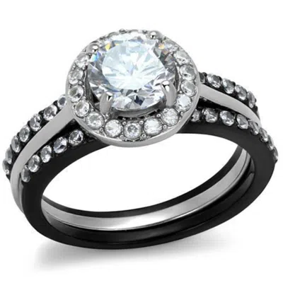 Fashnzfab Two-tone Ip Black (ion Plating) Stainless Steel Ring With Aaa Grade Cz In Clear In Multi