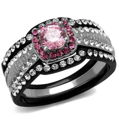 Fashnzfab Two-tone Ip Black (ion Plating) Stainless Steel Ring With Aaa Grade Cz In Light Rose In Pink