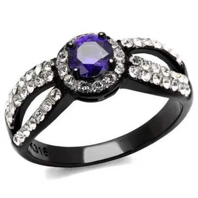 Fashnzfab Two-tone Ip Black (ion Plating) Stainless Steel Ring With Aaa Grade Cz In Tanzanite
