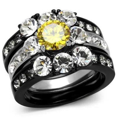 Fashnzfab Two-tone Ip Black (ion Plating) Stainless Steel Ring With Aaa Grade Cz In Topaz In Multi