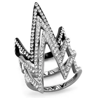 Fashnzfab Two-tone Ip Black (ion Plating) Stainless Steel Ring With Top Grade Crystal In Clear In Silver