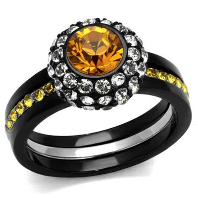 Fashnzfab Two-tone Ip Black (ion Plating) Stainless Steel Ring With Top Grade Crystal In Topaz