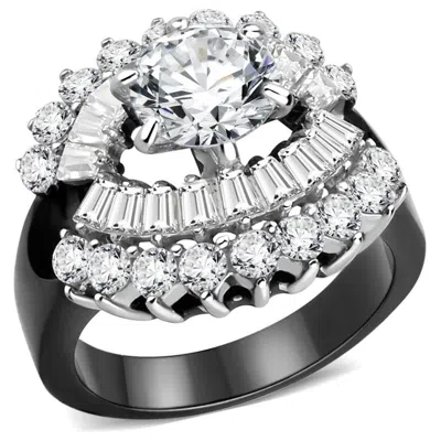 Fashnzfab Two-tone Ip Black Stainless Steel Ring With Aaa Grade Cz In Clear