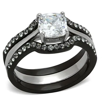 Fashnzfab Two-tone Ip Black Stainless Steel Ring With Aaa Grade Cz In Clear