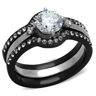 Fashnzfab Two-tone Ip Black Stainless Steel Ring With Aaa Grade Cz In Clear In Multi