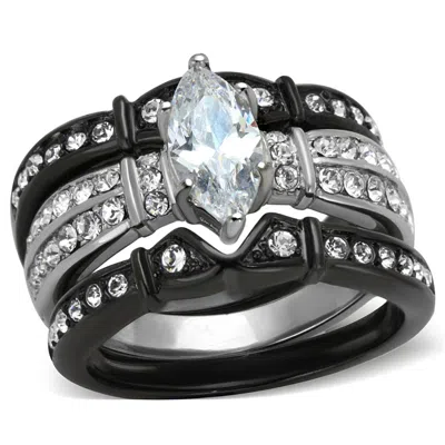 Fashnzfab Two-tone Ip Black Stainless Steel Ring With Aaa Grade Cz In Clear In Multi