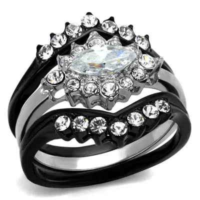 Fashnzfab Two-tone Ip Black Stainless Steel Ring With Aaa Grade Cz In Clear In Multi