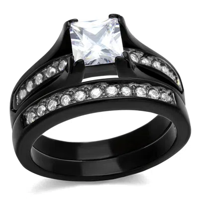 Fashnzfab Two-tone Ip Black Stainless Steel Ring With Aaa Grade Cz In Clear In Orange