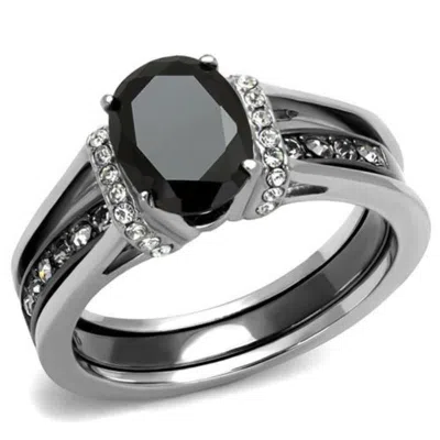 Fashnzfab Two-tone Ip Black Stainless Steel Ring With Synthetic Synthetic Glass In Jet