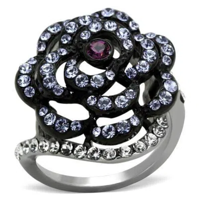 Fashnzfab Two-tone Ip Black Stainless Steel Ring With Top Grade Crystal In Amethyst