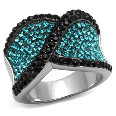 Fashnzfab Two-tone Ip Black Stainless Steel Ring With Top Grade Crystal In Blue Zircon