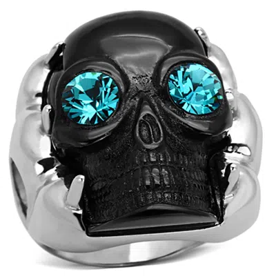 Fashnzfab Two-tone Ip Black Stainless Steel Ring With Top Grade Crystal In Blue Zircon In Multi