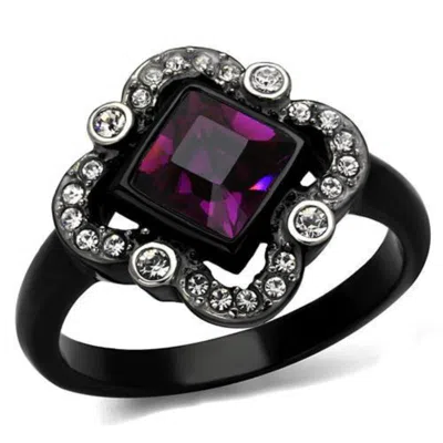 Fashnzfab Two-tone Ip Black Stainless Steel Ring With Top Grade Crystal In Fuchsia