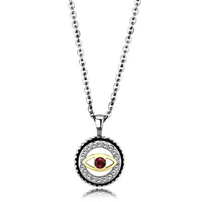 Fashnzfab Two-tone Ip Gold (ion Plating) Stainless Steel Chain Pendant With Top Grade Crystal In Garnet