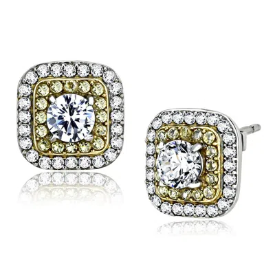 Fashnzfab Two-tone Ip Gold (ion Plating) Stainless Steel Earrings With Aaa Grade Cz In Clear