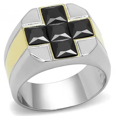 Fashnzfab Two-tone Ip Gold (ion Plating) Stainless Steel Ring With Aaa Grade Cz In Black Diamond In Multi