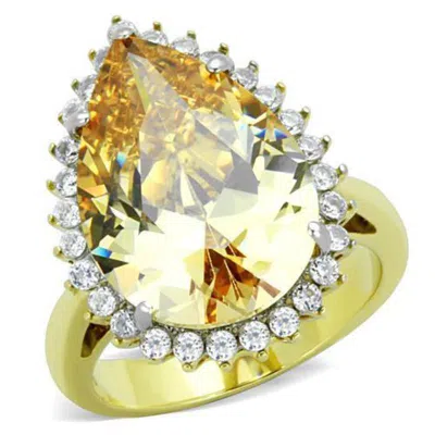 Fashnzfab Two-tone Ip Gold (ion Plating) Stainless Steel Ring With Aaa Grade Cz In Champagne In Multi