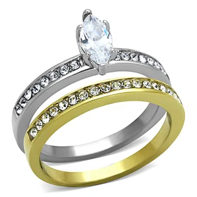 Fashnzfab Two-tone Ip Gold (ion Plating) Stainless Steel Ring With Aaa Grade Cz In Clear In Multi