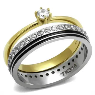 Fashnzfab Two-tone Ip Gold (ion Plating) Stainless Steel Ring With Aaa Grade Cz In Clear In Multi