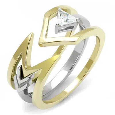 Fashnzfab Two-tone Ip Gold (ion Plating) Stainless Steel Ring With Aaa Grade Cz In Clear In Multi