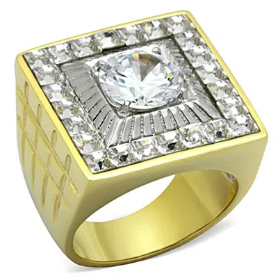 Fashnzfab Two-tone Ip Gold (ion Plating) Stainless Steel Ring With Aaa Grade Cz In Clear In Multi