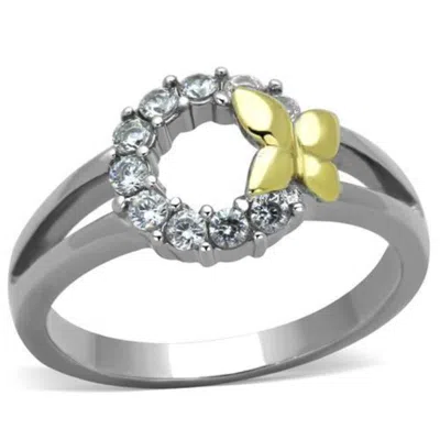 Fashnzfab Two-tone Ip Gold (ion Plating) Stainless Steel Ring With Aaa Grade Cz In Clear In Multi