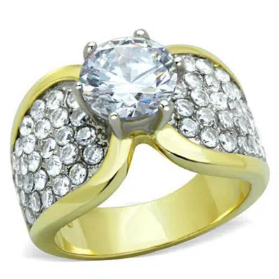 Fashnzfab Two-tone Ip Gold (ion Plating) Stainless Steel Ring With Aaa Grade Cz In Clear In Multi