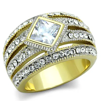 Fashnzfab Two-tone Ip Gold (ion Plating) Stainless Steel Ring With Aaa Grade Cz In Clear In Multi